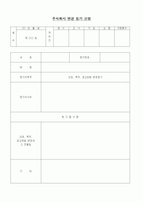 (경영)주식회사 변경 등기 신청(상호, 목적, 공고방법 변경)