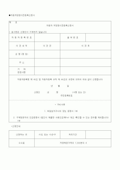 (부동산)자동차당권이전등록신청서