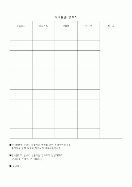 (판매/영업)대여물품 명세서