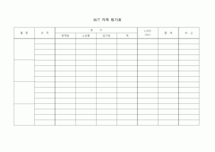 (제조/생산)MT자재원가표