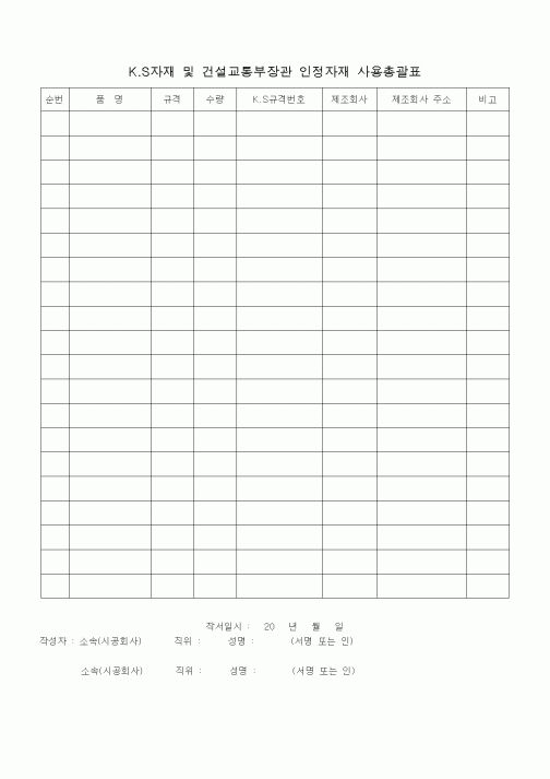 (품질관리)K.S자재 및 건설교통부장관 인정자재 사용총괄표