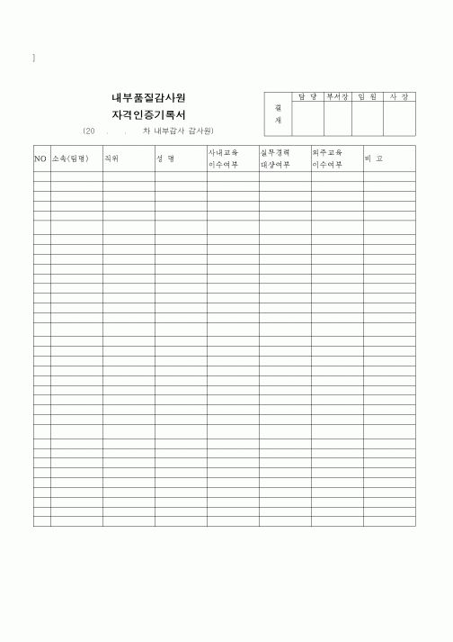 (공사관리)내부품질감사원자격인증기록서