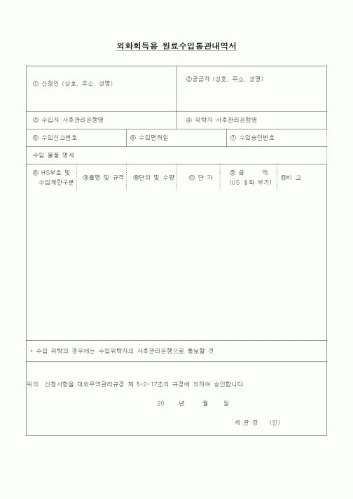 (무역/수출입)외화회득용 원료수입통관내역서