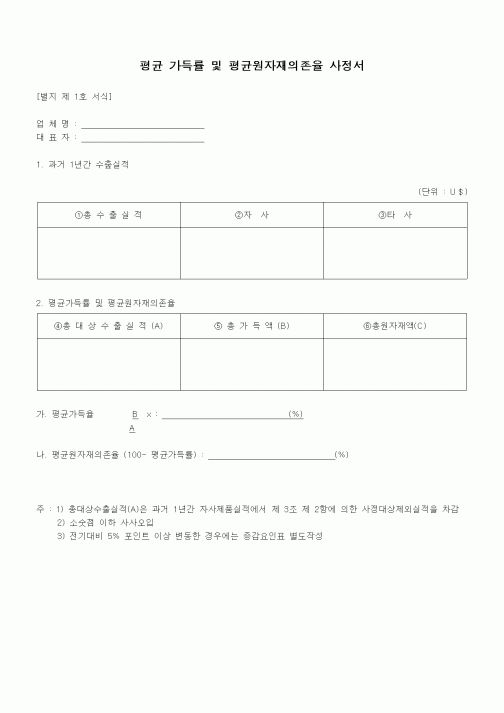 (무역/수출입)평균 가득률 및 평균원자재의존율 사정서