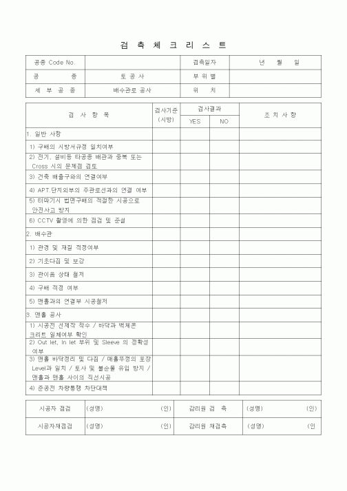 (품질관리)검측체크리스트 (부대토목공사, 배수관로 공사) 