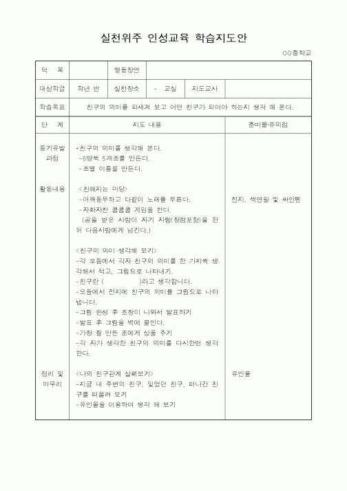 (기타)실천위주 인성교육 학습지도안