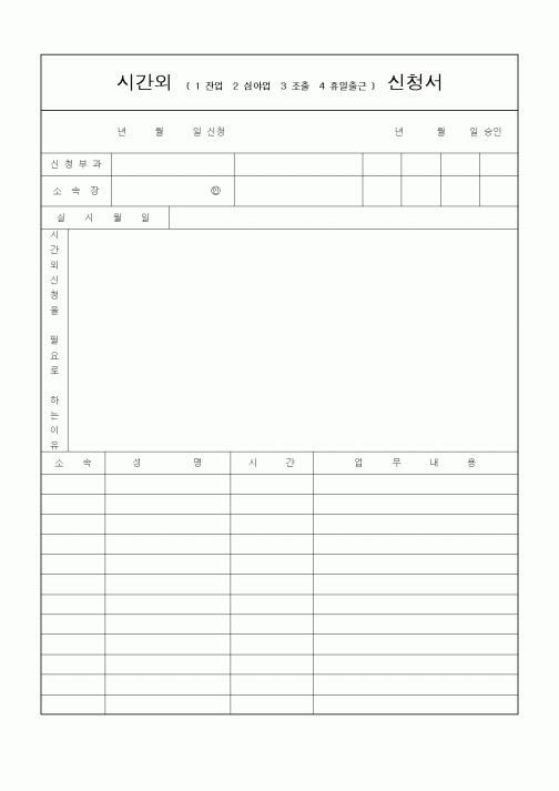 (인사/노무)시간외( 1 잔업2 심야업3 조출4 휴일출근 )신청서