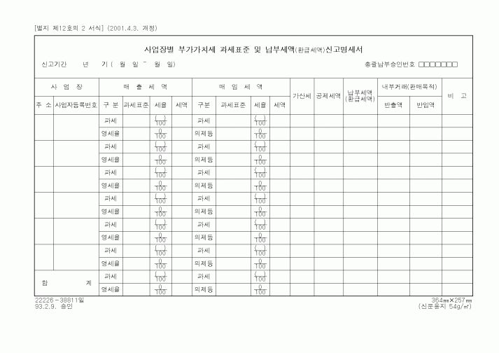 (국세청)사업장별 부가가치세 과세표준 및 납부세액(환급세액)신고명세서