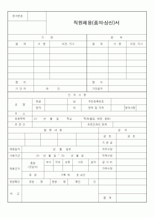 (인사/노무)직원채용(품의상신)서