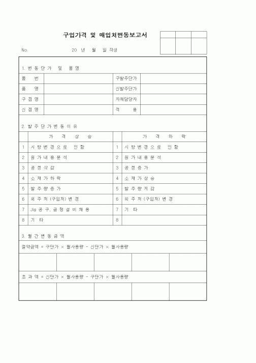 (구매/외주서식)구입가격 및 매입처변동보고서