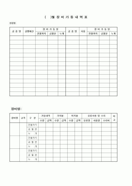 (자재관리)( )월 장 비 가 동 내 역 표