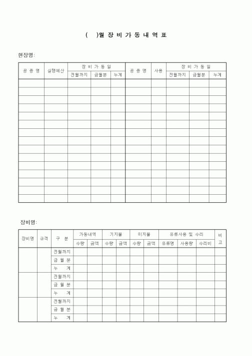 (장비관리)( )월 장 비 가 동 내 역 표