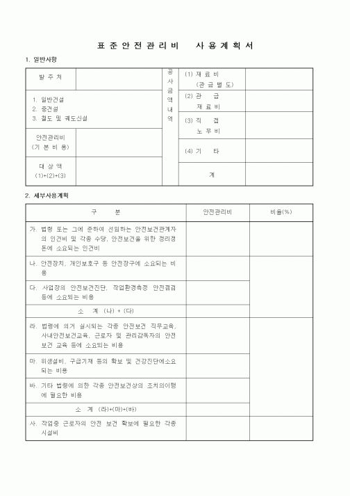 (기타건설)표준안전관리비 사용계획서
