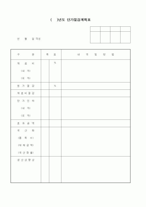 (제조/생산)()년도단가절감계획표