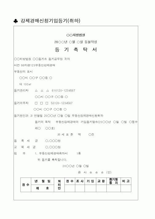 (채권/채무)강제경매신청기입등기말소(취하)