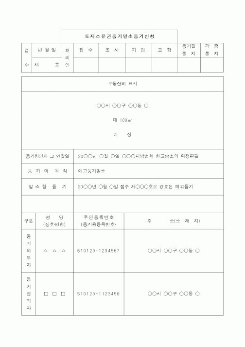 (채권/채무)토지소유권등기말소등기(예고등기)신청서