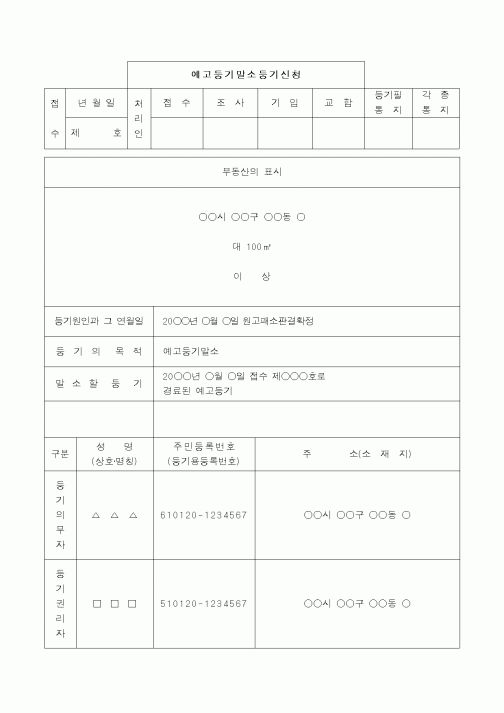 (채권/채무)예고등기말소(원고패소)신청서