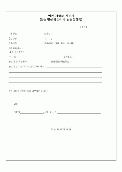 (기타행정서식)여권 재발급 사유서