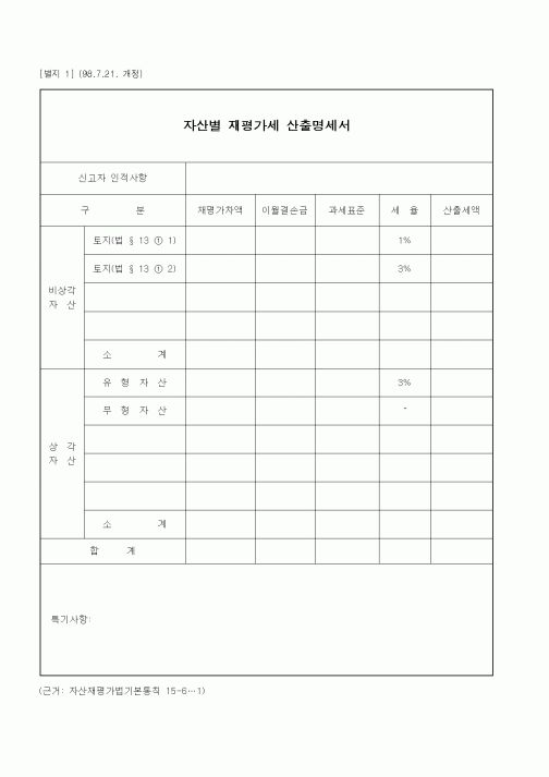 (세무/회계)자산별 재평가세 산출명세서