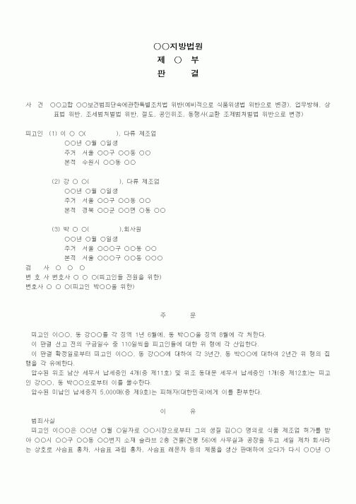 (형사소송)판결문(식품위생법 위반 집행유예)