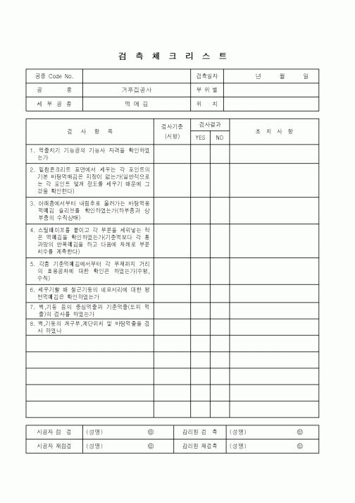 (품질관리)검측체크리스트(거푸집공사 - 먹메김)