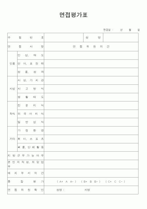 (인사/노무)면접평가표