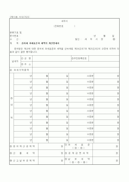(세무/회계)증여세 과세표준과 세액의 계산명세서
