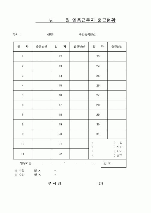 (인사/노무)일용근무자 출근현황1