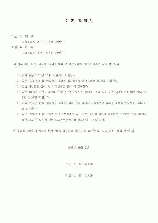 (혼인/이혼)이혼합의서