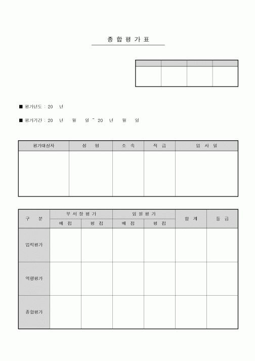 (인사/노무)인사종합평가표(사원)