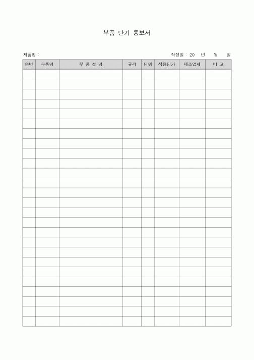 (제조/생산)부품 단가 통보서
