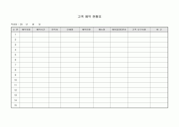 고객 예약현황표(가로서식)