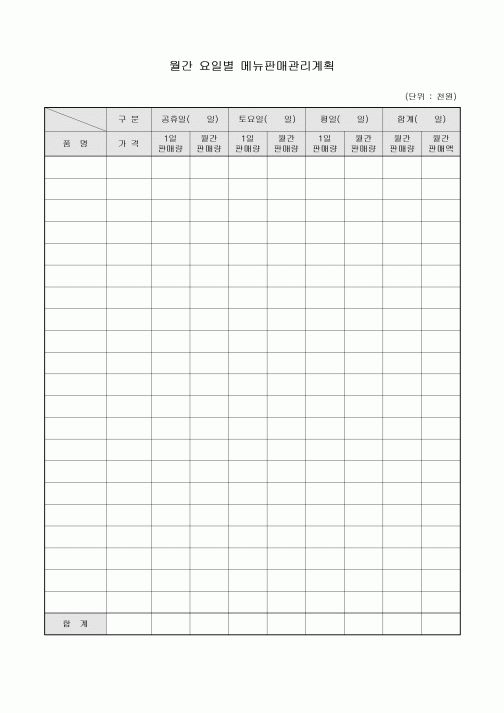 요일별 메뉴판매관리계획(월간)