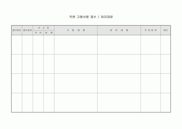 직원 고충사항 접수, 처리대장(조리부서)