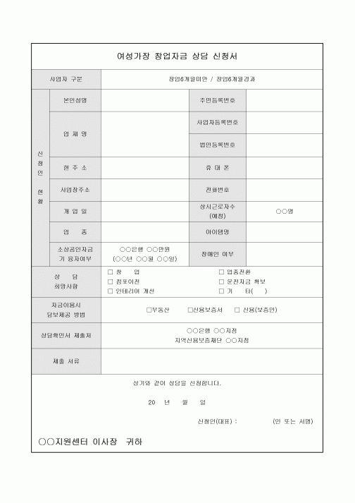 창업자금 상담신청서