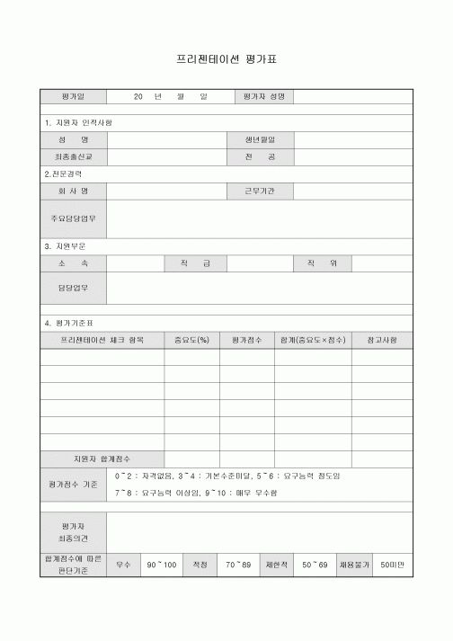 프리젠테이션 평가표(사원채용시)