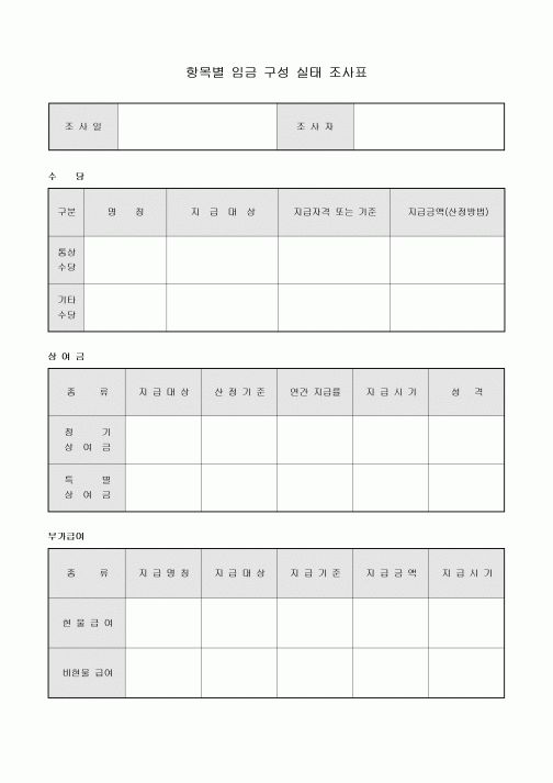 항목별 임금 구성 실태 조사표