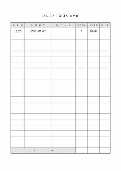 조리도구 구입 예정 물품표