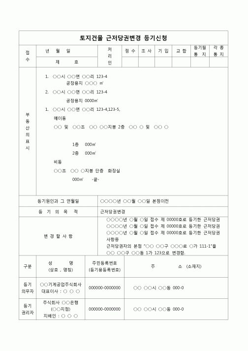 (부동산등기)토지건물 근저당권 변경 등기 신청서(본점이전)