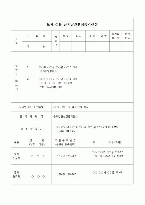 (부동산등기)토지건물근저당권설정 등기 말소 등기신청서(해지)