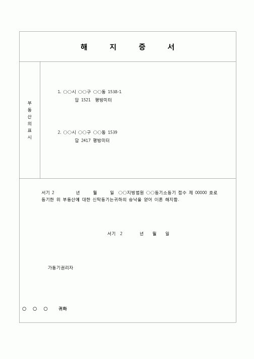 (등기)해지증서(매매예약 해지)