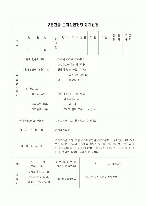 (부동산등기)구분건물 근저당권 경정등기 신청서(신청착오)