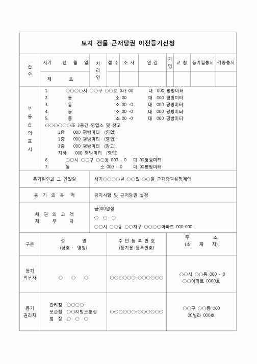 (부동산등기)근저당권이전 등기 신청서(양도)