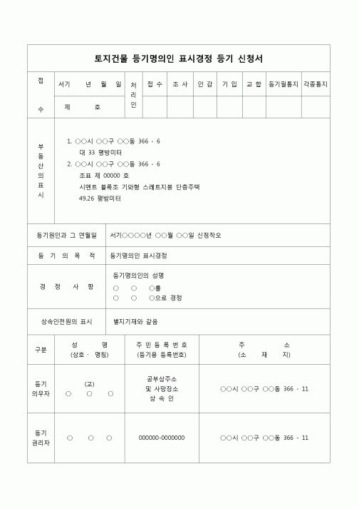 (등기)토지건물 등기명의 표시경정 등기신청서(신청착오)
