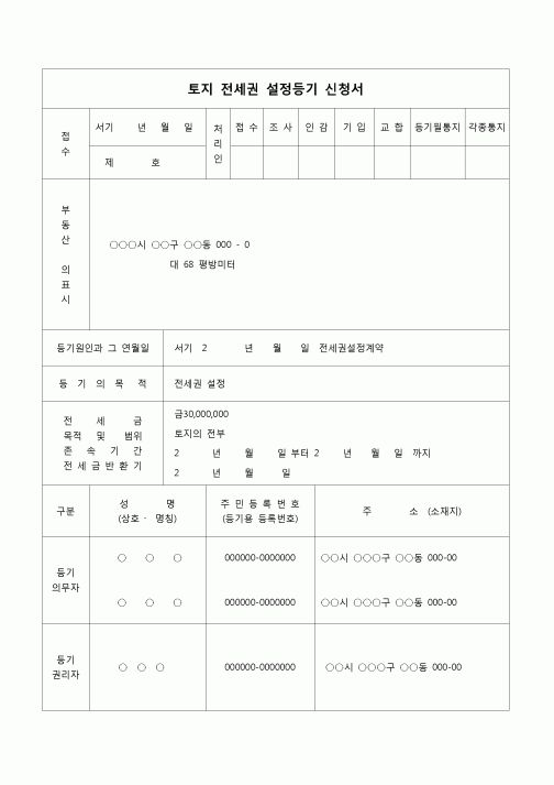 (등기)토지전세권 설정등기 신청서(전세권 설정계약)