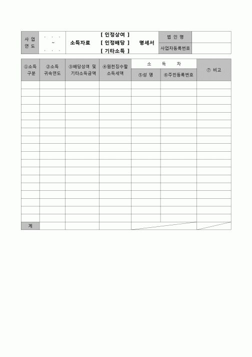 (법인세) 소득자료명세서(인정상여,인정배당,기타소득)(법인세별지제55호)(06.3.14개정)