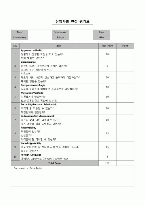 (인사)신입사원 면접 평가표