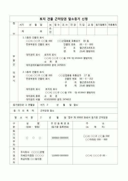 (등기)토지 건물 근저당권 말소등기 신청서
