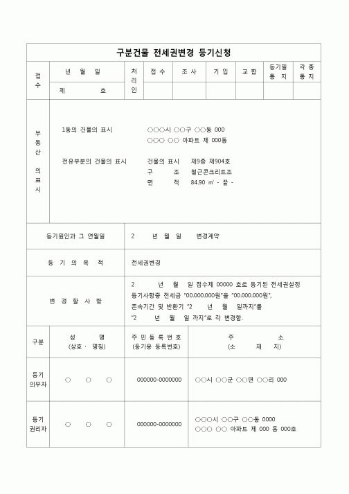 (등기)구분건물 전세권변경 등기 신청서(증액, 기간연장)