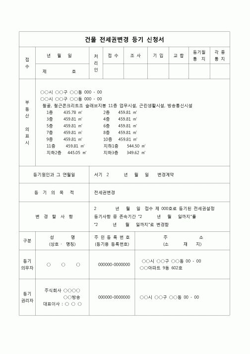 (등기)건물전세권 변경등기 신청서(존속기간의 변경)